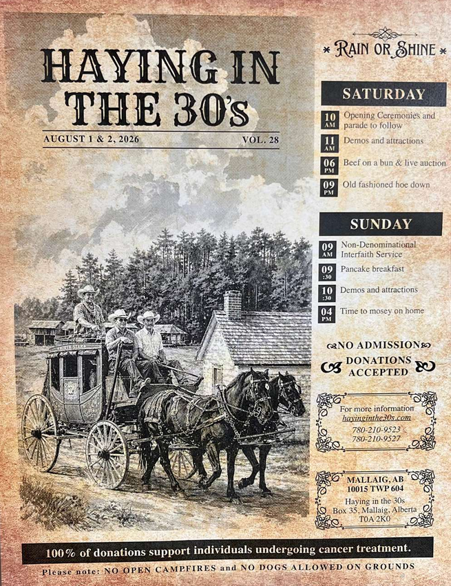 Haying in the 30s event poster for the August 2026 event