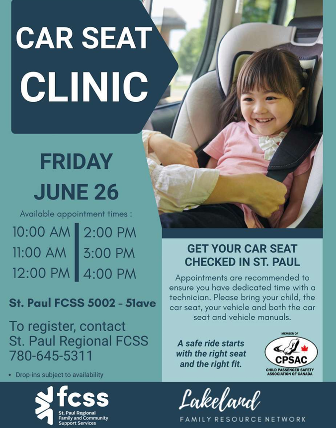 St. Paul Regional FCSS event poster for Car Seat Clinic on June 26, 2026