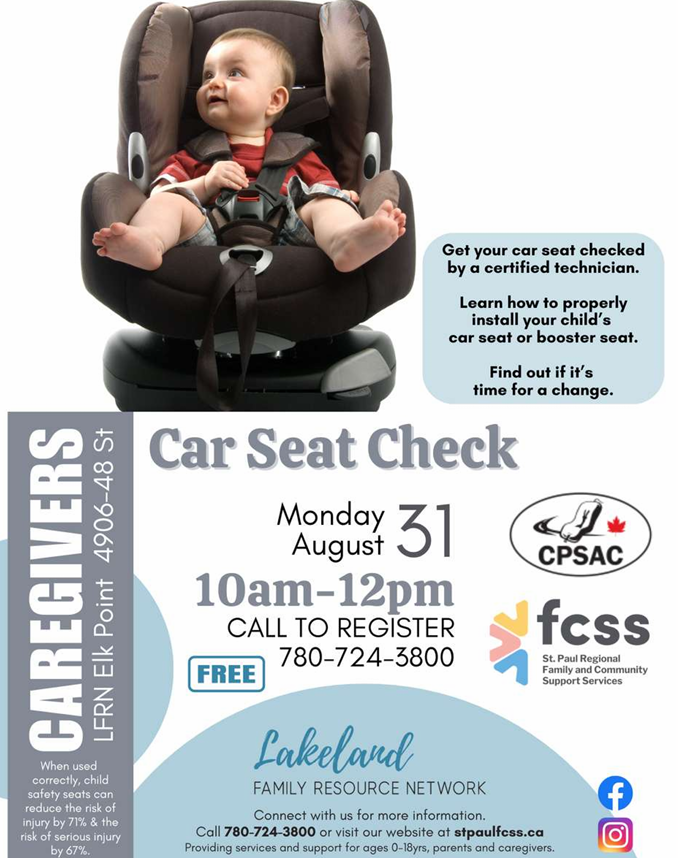 Lakeland Family Resource Network event poster for Car Seat Check on August 31, 2026, in Elk Point, Alberta