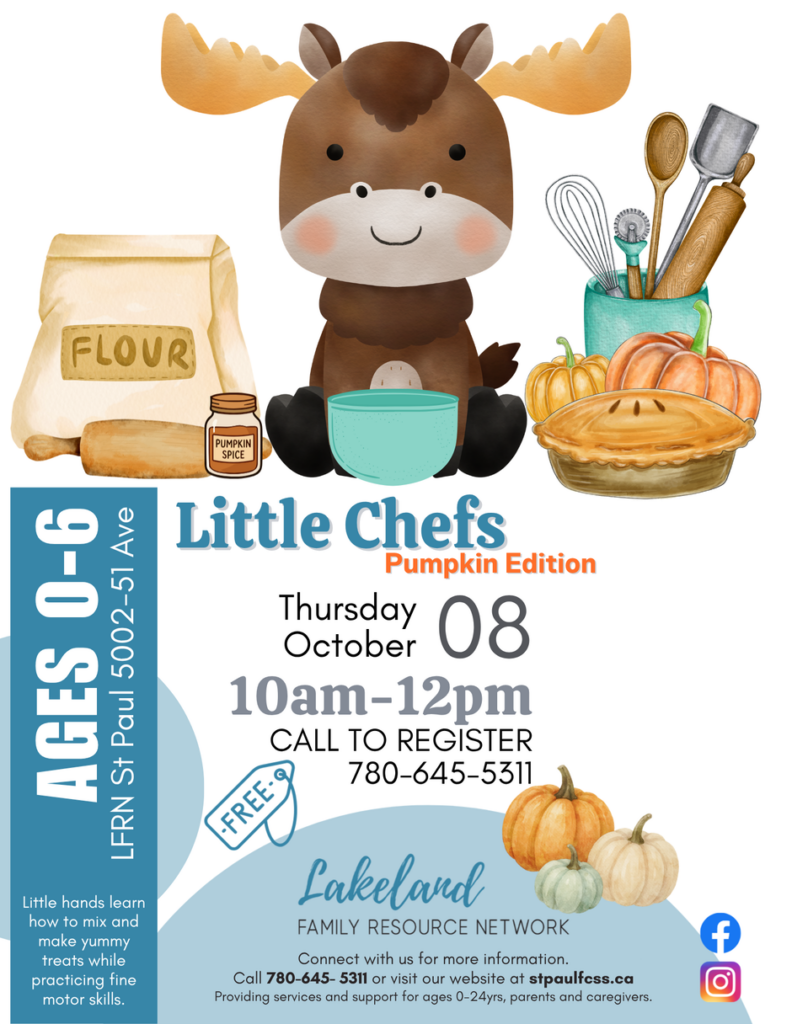 Lakeland Family Resource Network event poster for Little Chefs in St. Paul, Alberta, on October 8, 2026