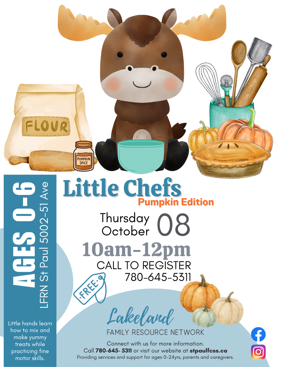 Lakeland Family Resource Network event poster for Little Chefs in St. Paul, Alberta, on October 8, 2026