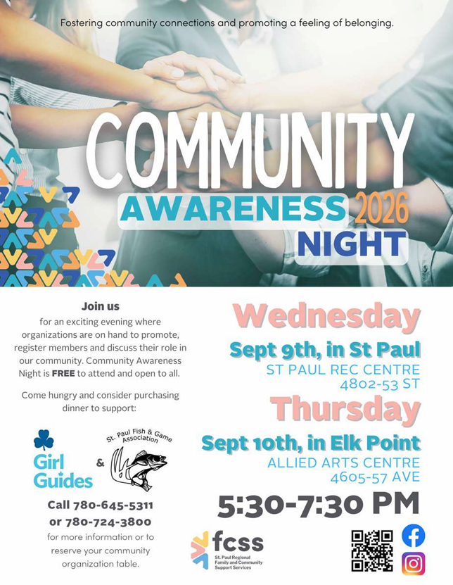St. Paul Regional FCSS event poster for Community Awareness Night on September 9, 2026, in St. Paul, Alberta and on September 10, 2026, in Elk Point, Alberta
