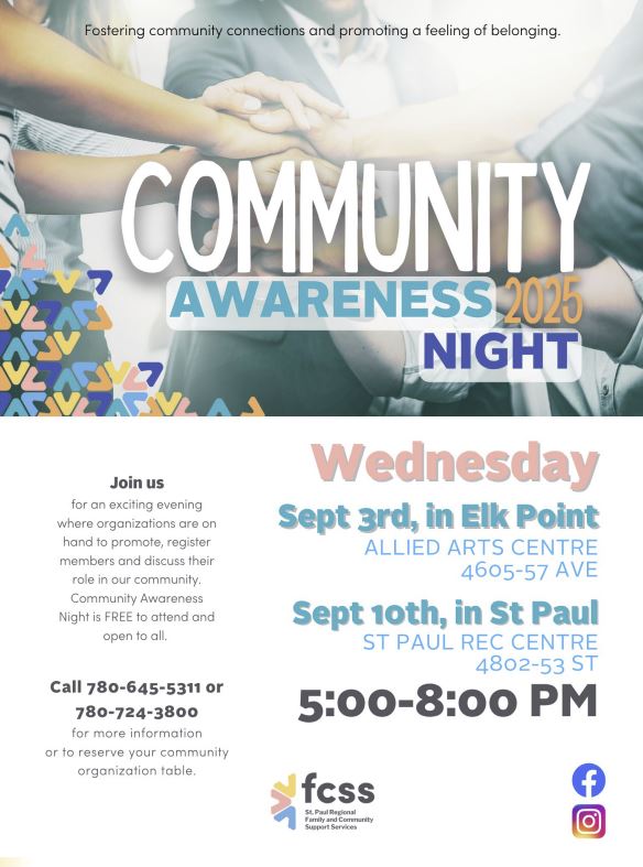 St. Paul Regional FCSS event poster for Community Awareness Night in Elk Point and St. Paul, Alberta, in September 2025