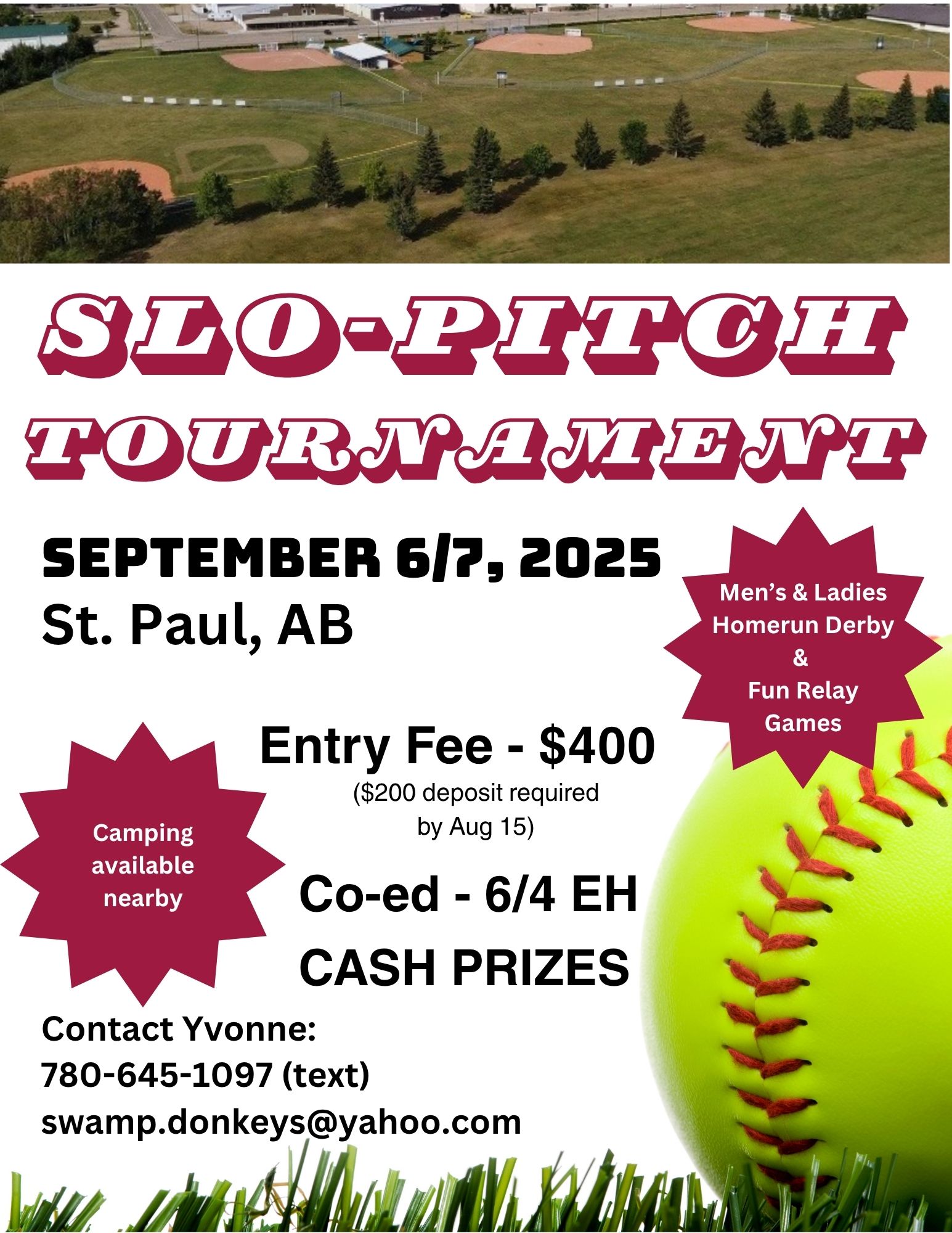 Event poster for a Slo-Pitch Tournament in St. Paul, Alberta, over the September 6-7, 2025, weekend