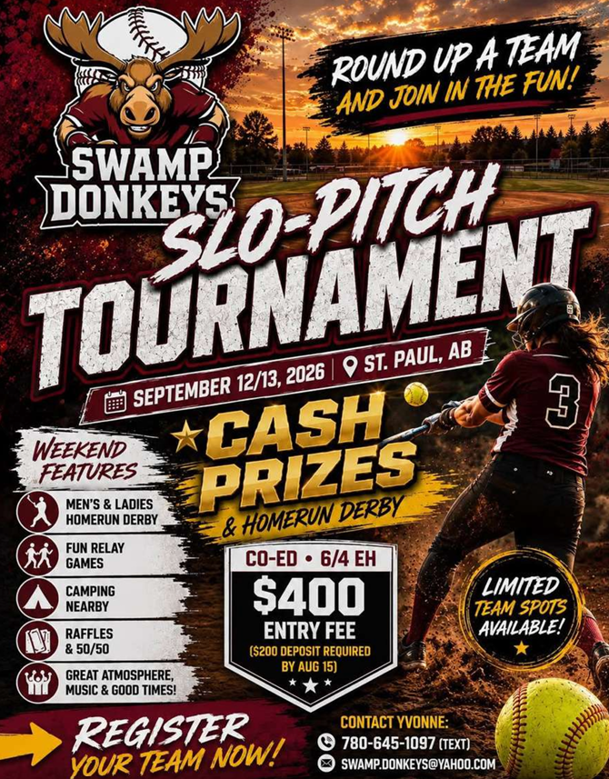 Swamp Donkeys event poster for Slo-Pitch Tournament in St. Paul, Alberta, from September 12-13, 2026