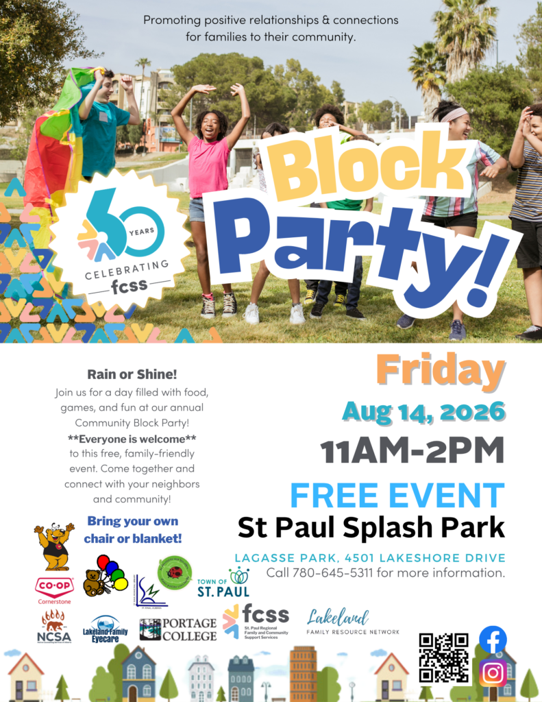 St. Paul Regional FCSS event poster for a Block Party in St. Paul, Alberta, on August 14, 2026