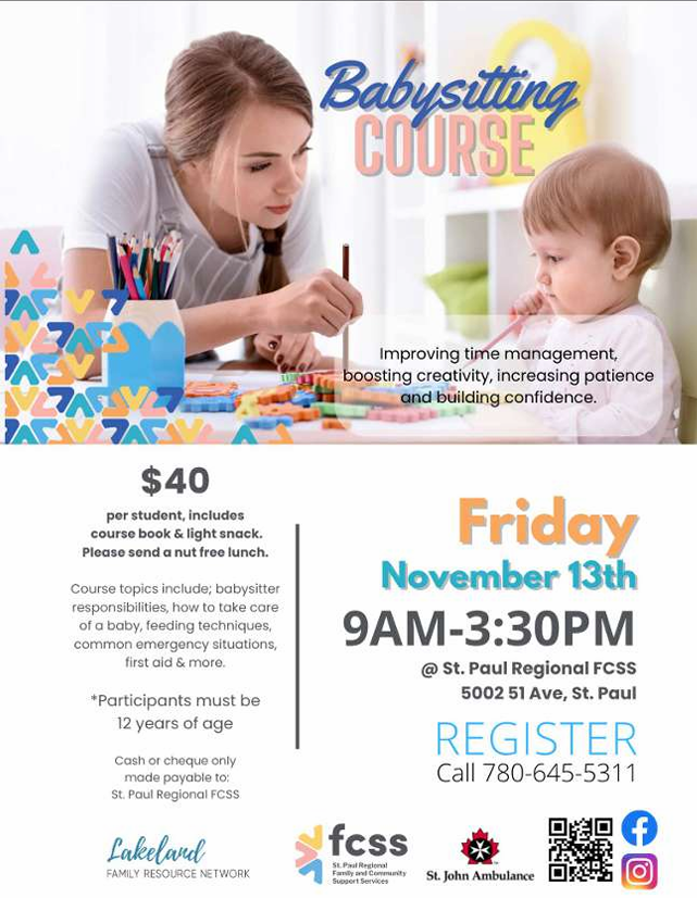 St. Paul Regional FCSS event poster for a Babysitting Course on November 13, 2026