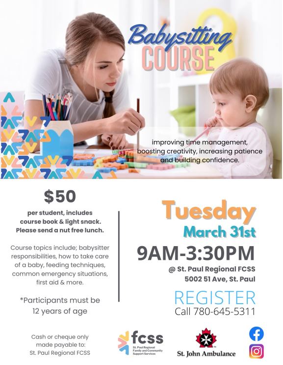 St. Paul Regional FCSS event poster for a Babysitting Course on March 31, 2026