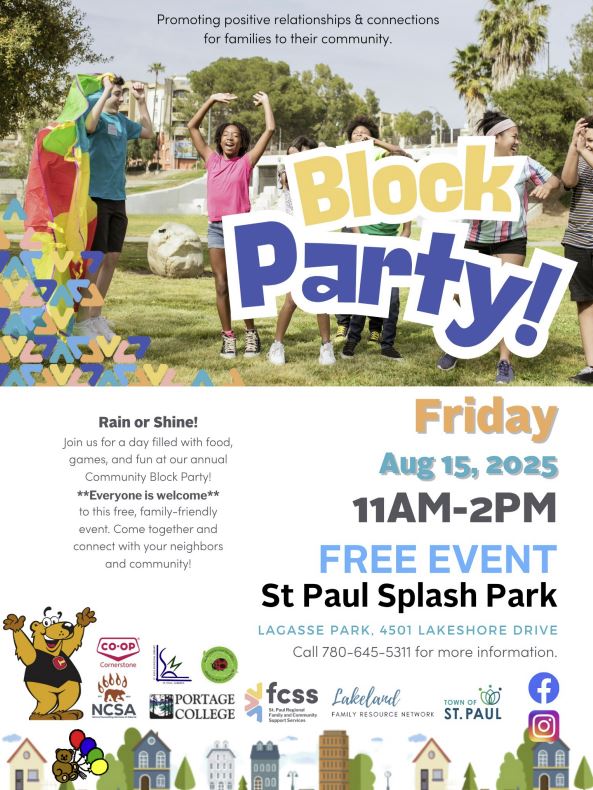 FCSS-Events-Block Party 20250815 St. Paul Regional FCSS event poster for the Block Party in St. Paul, Alberta, on August 15, 2025
