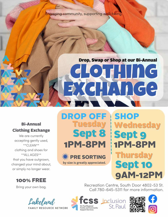 St. Paul Regional FCSS event poster for the Fall Clothing Exchange in St. Paul, Alberta, from September 8-10, 2026
