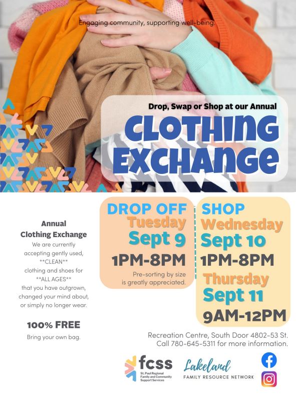 FCSS-Events-Fall Clothing Exchane 20250909-11 St. Paul Regional FCSS event poster for the Fall Clothing Exchange, taking place with drop-off on September 9 and shopping September 10-11, 2025