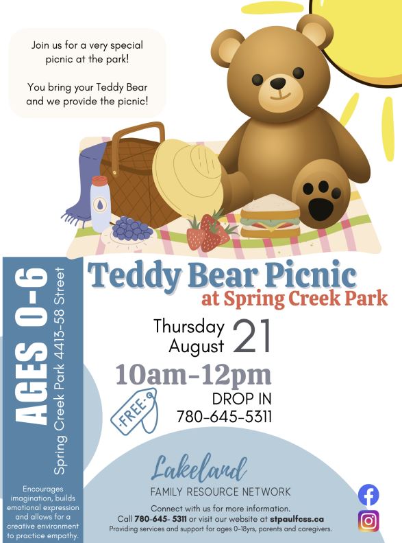 LFRN-Events-Teddy Bear Picnic 20250821 Lakeland Family Resource Network event poster for Teddy Bear Picnic in St. Paul, Alberta, on August 21, 2025