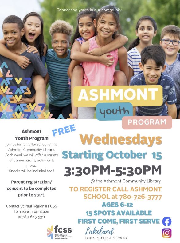 FCSS-Events-Ashmont Youth Program 2025-2026 St. Paul Regional FCSS event poster for Ashmont Youth Program starting in October 2025 for the 2025-26 school year