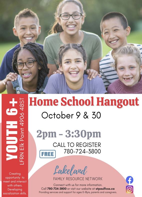 Lakeland Family Resource Network event poster for Home School Hangout in Elk Point, Alberta, on October 9 and 30, 2025