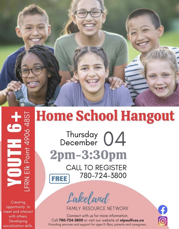 Lakeland Family Resource Network event poster for Home School Hangout on December 4, 2025, in Elk Point, Alberta