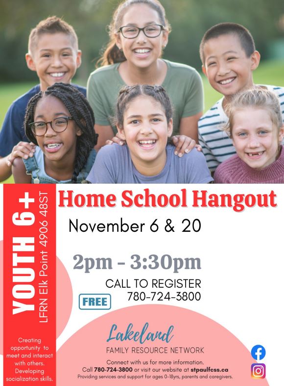 Lakeland Family Resource Network event poster for Home School Hangout on November 6 and 20, 2025, in Elk Point, Alberta