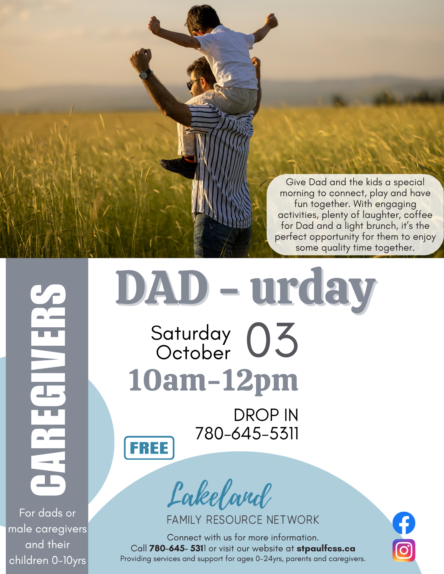 Lakeland Family Resource Network event poster for DAD-urday on October 3, 2026, in St. Paul, Alberta