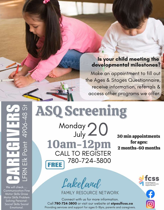 Lakeland Family Resource Network event poster for ASQ Screening in Elk Point, Alberta, on July 20, 2026