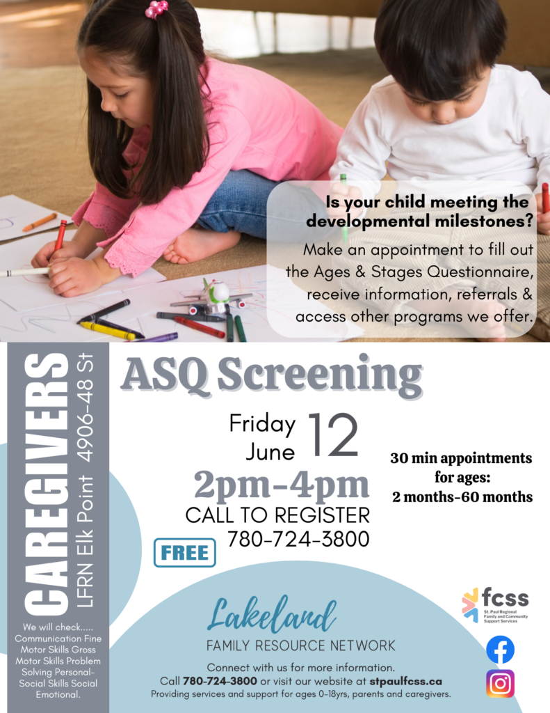 Lakeland Family Resource Network event poster for ASQ Screening on June 12, 2026, in Elk Point, Alberta