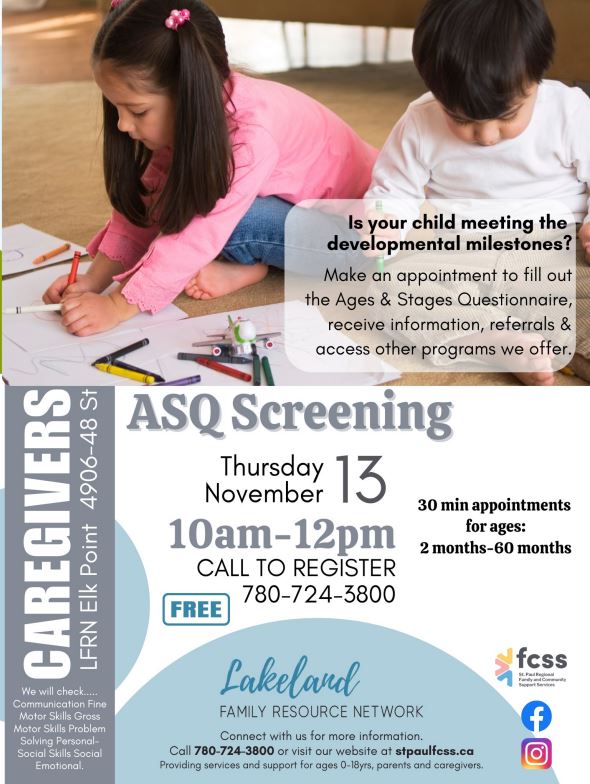 Lakeland Family Resource Network event poster for ASQ Screening in Elk Point, Alberta, on November 13, 2025