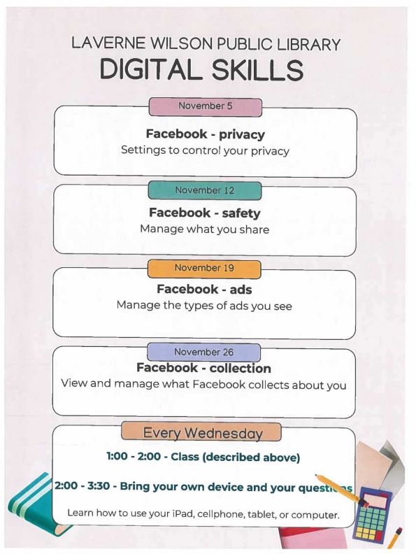 Elk Point Library event poster for Digital Skills, a weekly session in November 2025