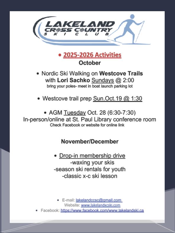 LCCSC-Events-October Events 202510 Lakeland Cross Country Ski Club event poster for October 2025 events, including trail prep at Westcove and the Annual General Meeting at the St. Paul Municipal Library