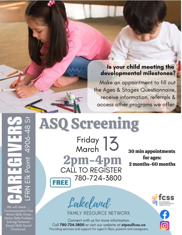 Lakeland Family Resource Network event poster for ASQ Screening on March 13, 2026, in Elk Point, Alberta