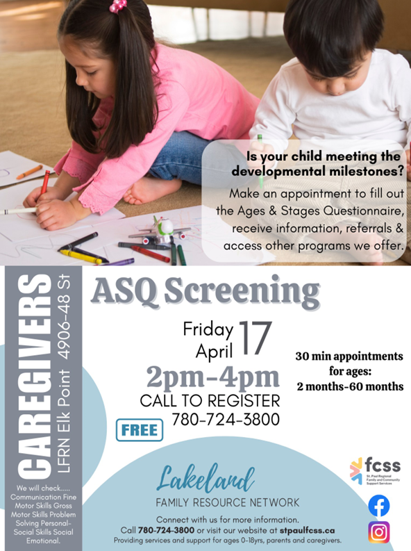 Lakeland Family Resource Network event poser for ASQ Screening in Elk Point, Alberta, on April 17, 2026