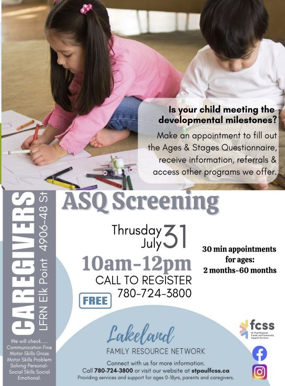 Lakeland Family Resource Network event poster for ASQ Screening in Elk Point, Alberta, on July 31, 2025