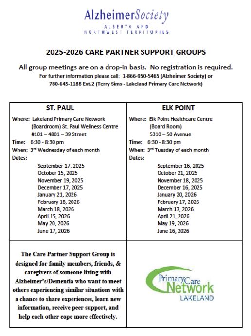 Alzheimer-Events-Support Group 2025-2026 Alzheimer society event poster for St. Paul & Elk Point Care Partner Support Groups from September 2025 to June 2026