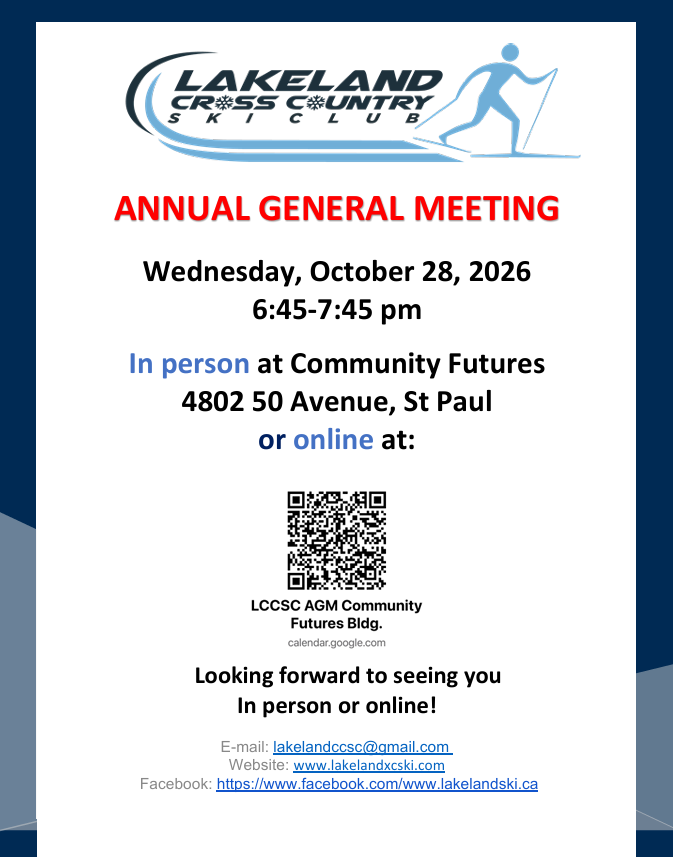 Lakeland Cross Country Ski Club event poster for the Annual General Meeting on October 28, 2026