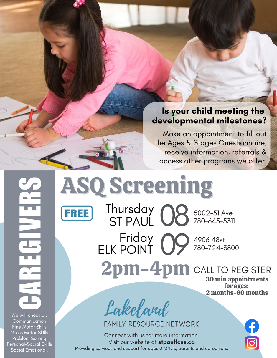 Lakeland Family Resource Network event poster for ASQ Screening in St. Paul on October 8 and in Elk Point on October 9