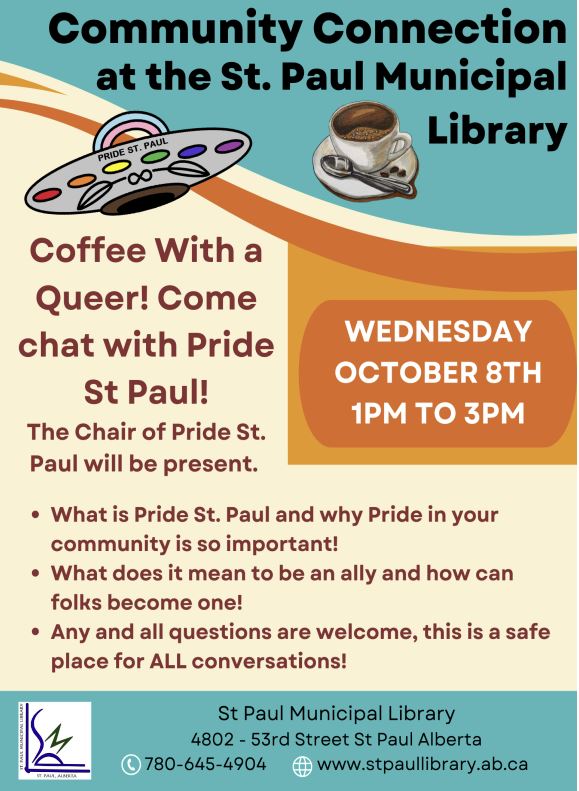 St. Paul Municipal Library event poster for Community Connection on October 8, 2025, with Pride St. Paul