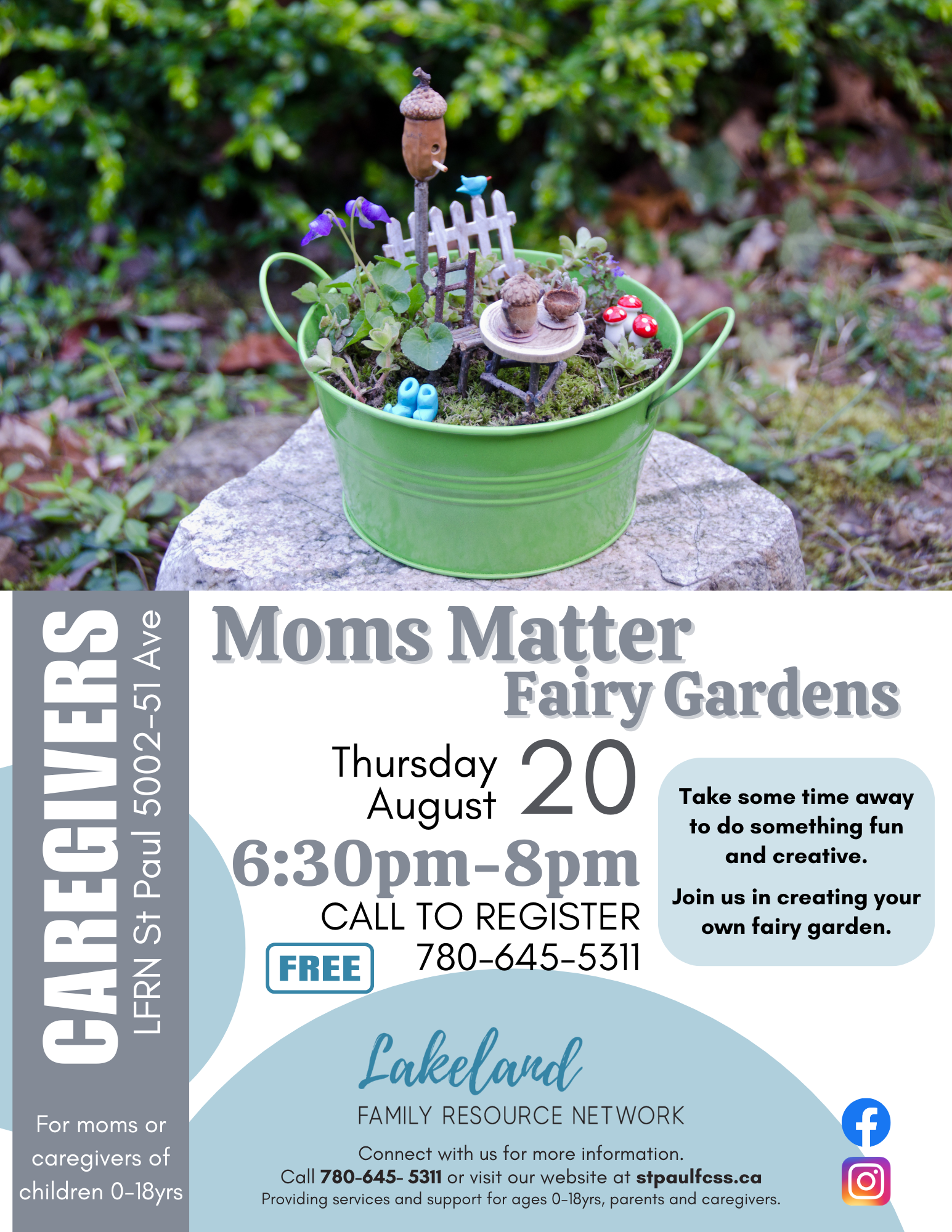 Lakeland Family Resource Network event poster for Moms Matter in St. Paul, Alberta, on August 20, 2026
