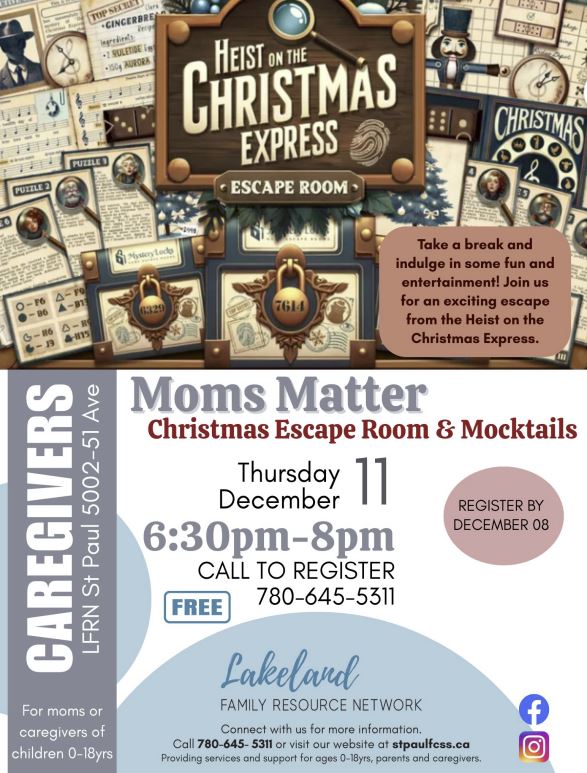 Lakeland Family Resource Network event poster for Moms Matter in St. Paul, Alberta, on December 11, 2025