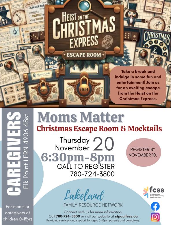 Lakeland Family Resource Network event poster for Moms Matter in Elk Point, Alberta, on November 20, 2025