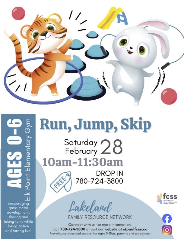 Lakeland Family Resource Network event poster for Run Jump Skip in Elk Point, Alberta, on February 28, 2026
