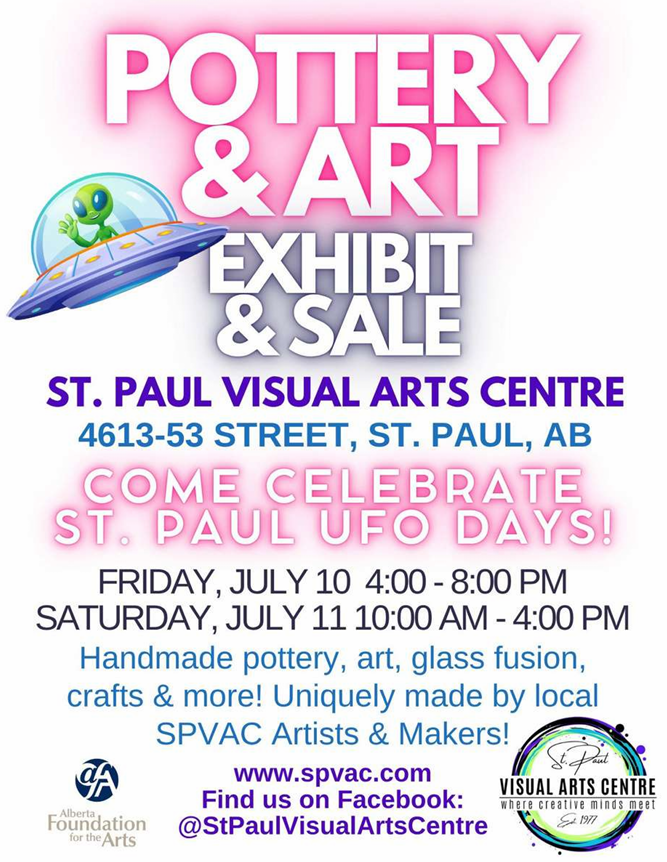 St. Paul Visual Arts Centre event poster for Pottery & Art Exhibit & Sale from July 10-11, 2026