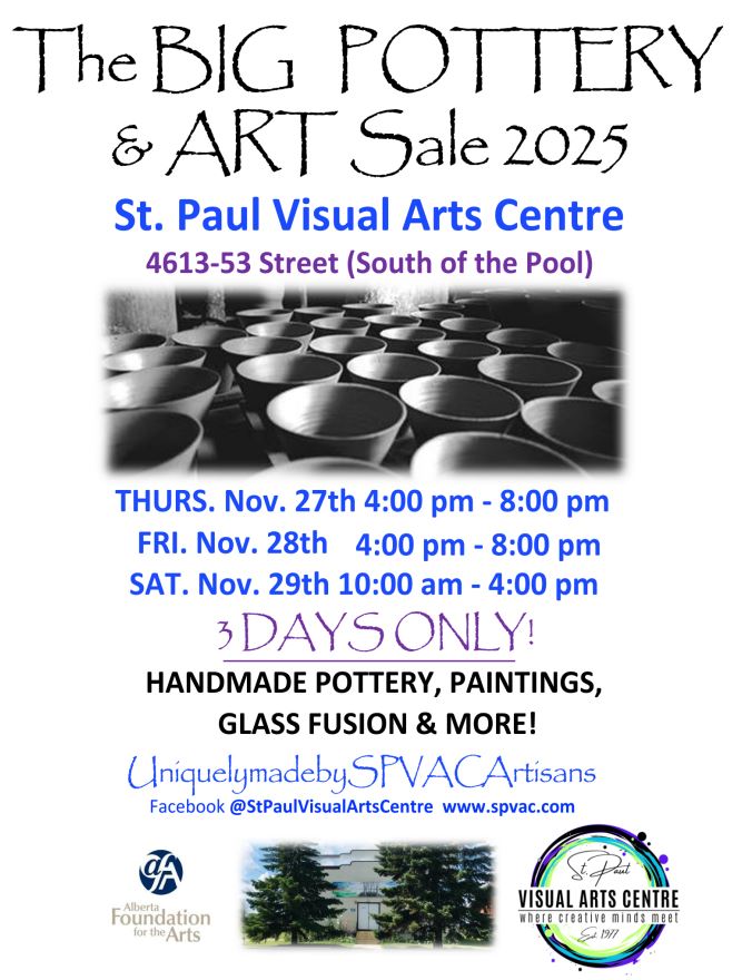 St. Paul Visual Arts Centre event poster for the Big Pottery & Art Sale in November 2025