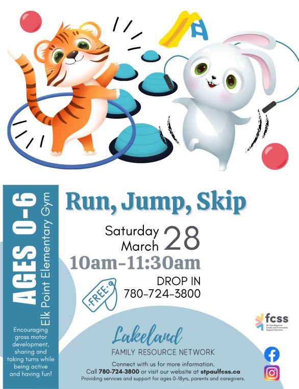 Lakeland Family Resource Network event poster for Run, Jump, Skip in Elk Point, Alberta on March 28, 2026