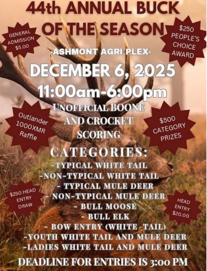 Ashmont Ag Society event poster for Buck of the Season on December 6, 2025