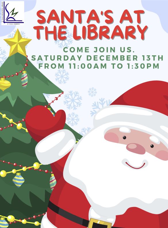 St. Paul Municipal Library event poster for Santa's at the Library on December 13, 2025