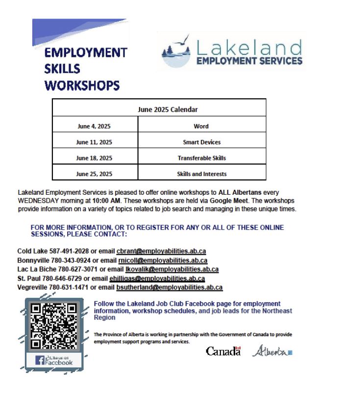 Lakeland Employment Services event poster for June 2025 Online Workshops