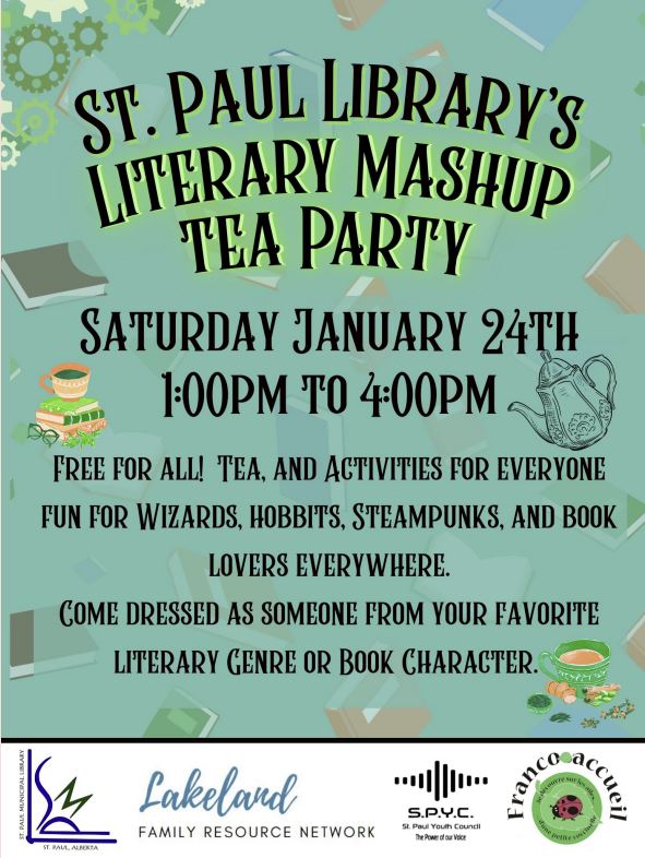 St. Paul Municipal Library event poster for Literary Mashup Tea Party on January 24, 2026