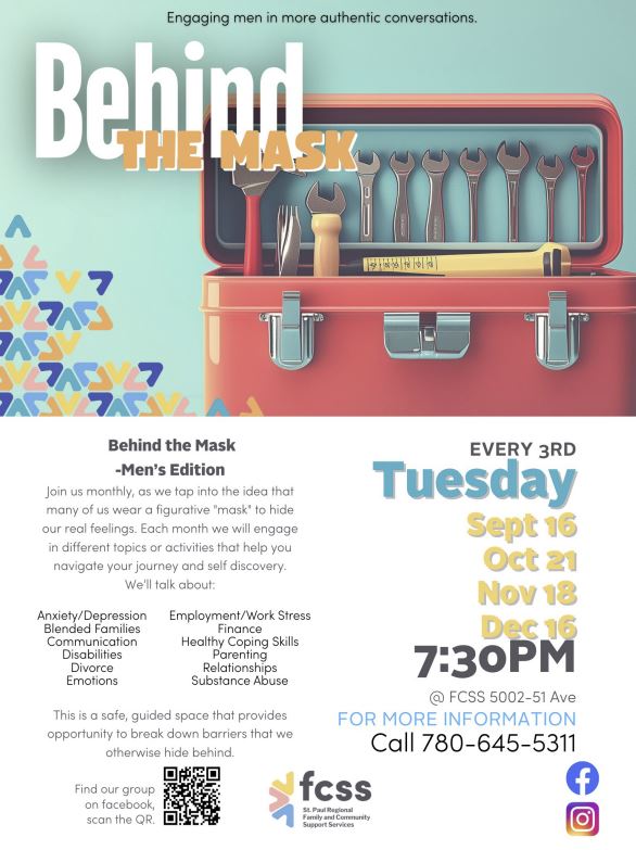 FCSS-Events-Men Behind the Mask 202509-12 St. Paul Regional FCSS event poster for Men Behind the Mask, monthly from September-December 2025