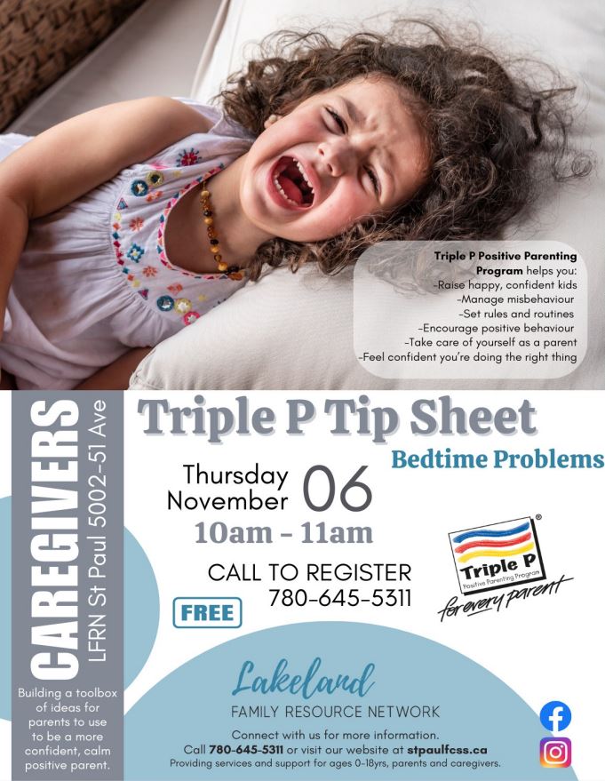 Lakeland Family Resource Network event poster for Triple P Parenting Tip Sheet, pick up in St. Paul on November 6, 2025