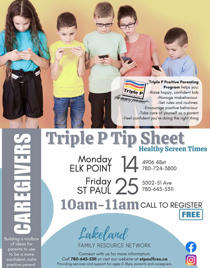 Lakeland Family Resource Network event poster for Triple P Tip Sheet in St. Paul and Elk Point throughout September 2026