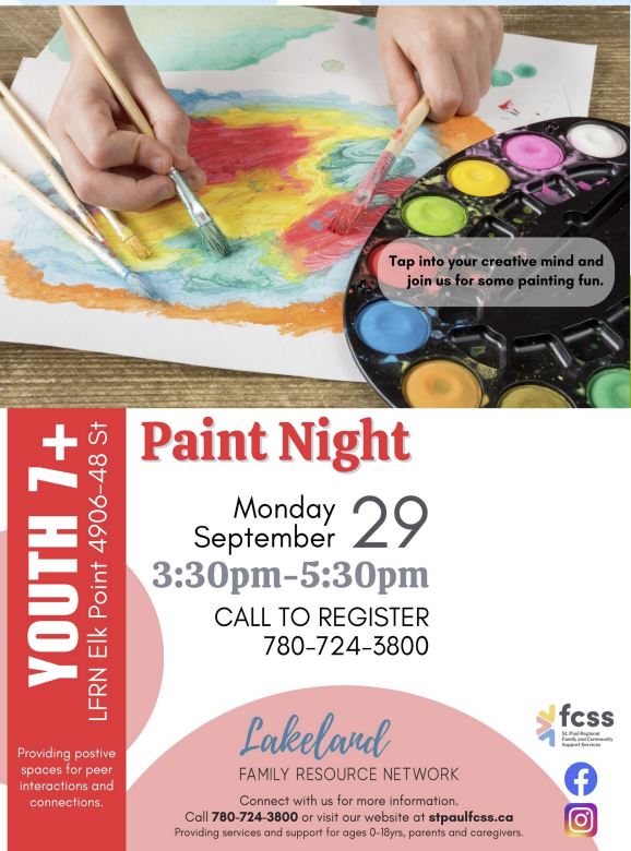 LFRN-Events-Paint Night 20250929 Lakeland Family Resource Network event poster for Paint Night in Elk Point, Alberta on September 29, 2025