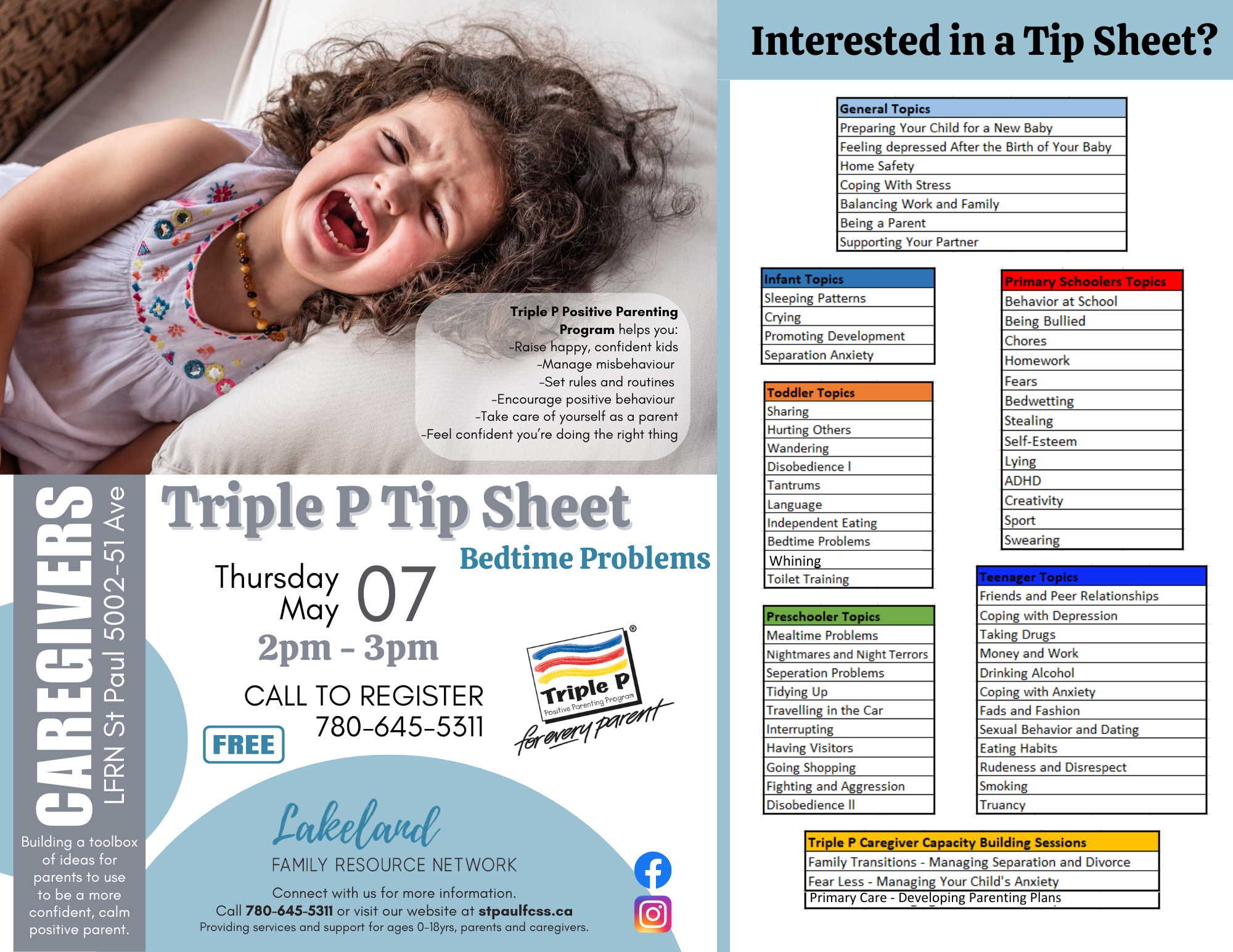 Lakeland Family Resource Network event poster for Triple P Parenting Tip Sheet in St. Paul, Alberta, on May 7, 2026