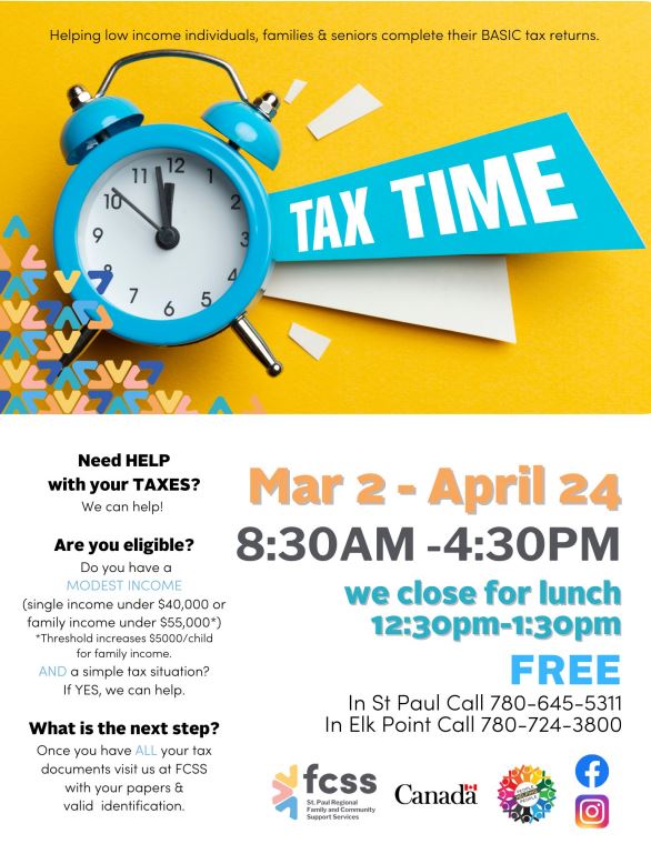 St. Paul Regional FCSS event poster for the annual Tax Clinic from March 2-April 24, 2026